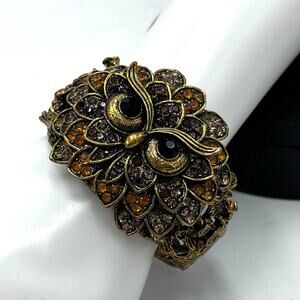 Owl Brass Orange Brown Rhinestone Hinged Bangle Bracelet